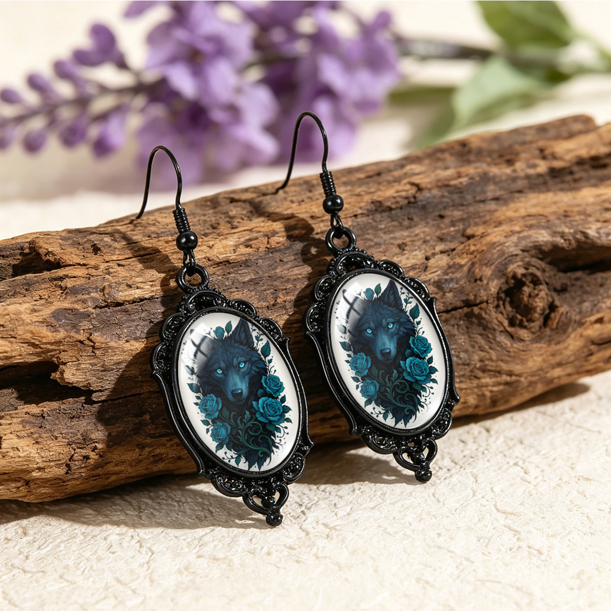 Unisex Dark Wolf Blue Rose Floral Printed Oval Earrings
